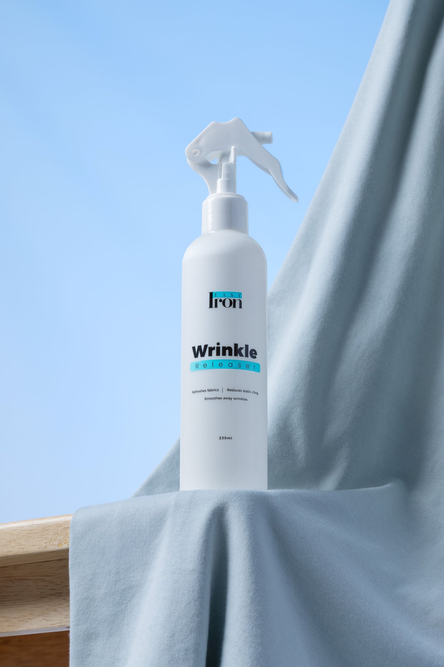 EasyIron Spray comes with a pearl-white bottle and a beautiful box. Try out the easiest way to remove wrinkles from clothes, no ironing needed.