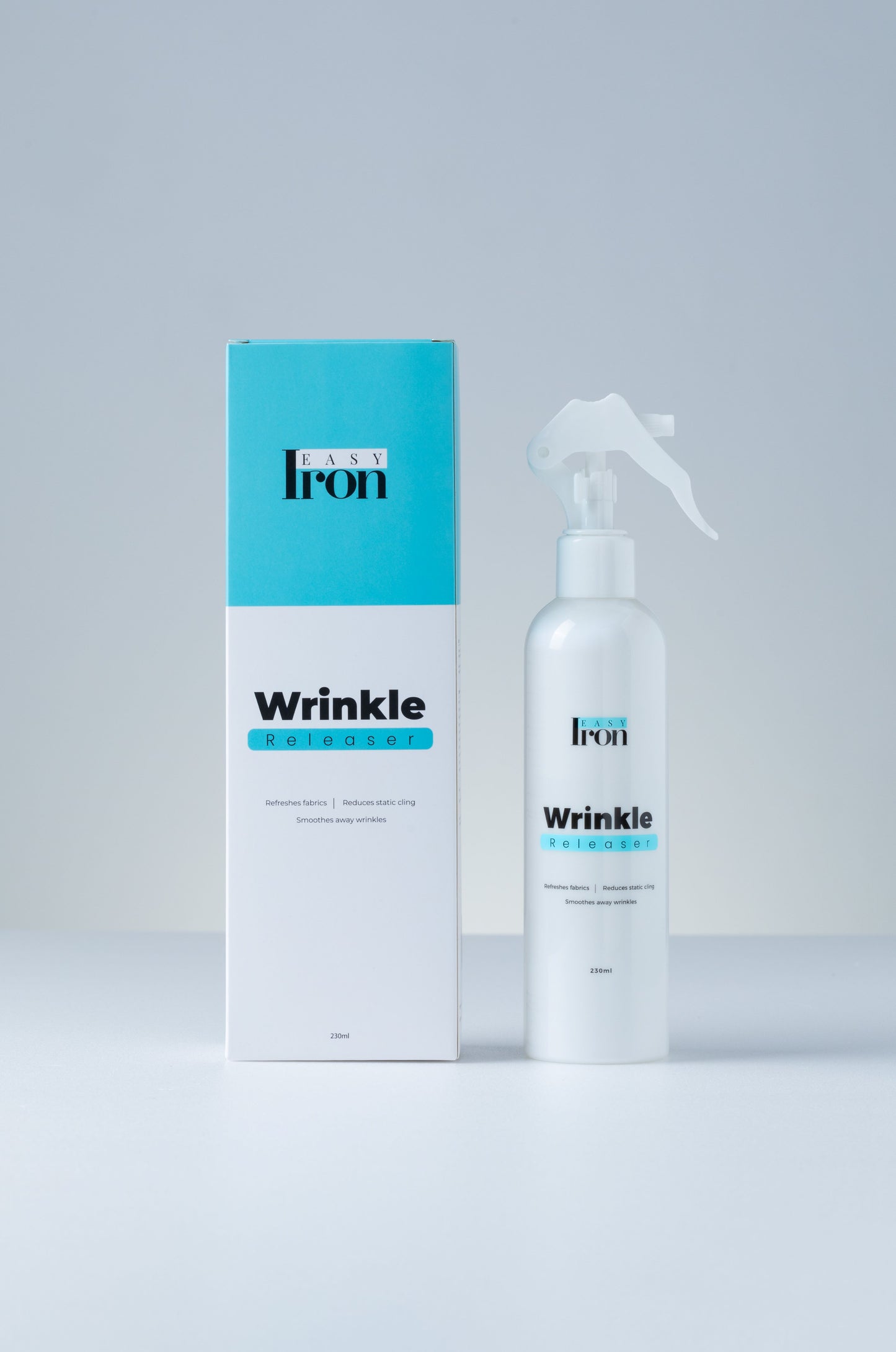 EasyIron Spray comes with a pearl-white bottle and a beautiful box. Try out the easiest way to remove wrinkles from clothes, no ironing needed.