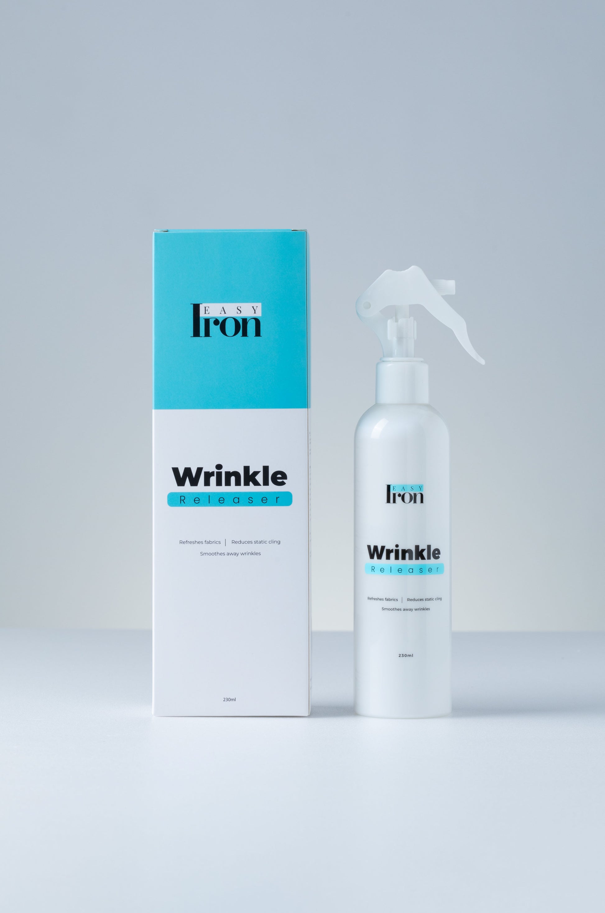 EasyIron Spray comes with a pearl-white bottle and a beautiful box. Try out the easiest way to remove wrinkles from clothes, no ironing needed.